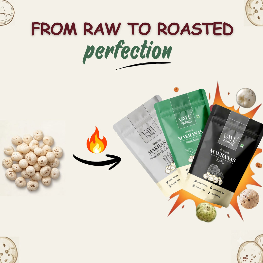 Vayu Farms Roasted Makhana pouches in Himalayan Salt & Pepper, Fresh Mint, and Truffle flavours with raw lotus seeds, text reads From Raw to Roasted Perfection