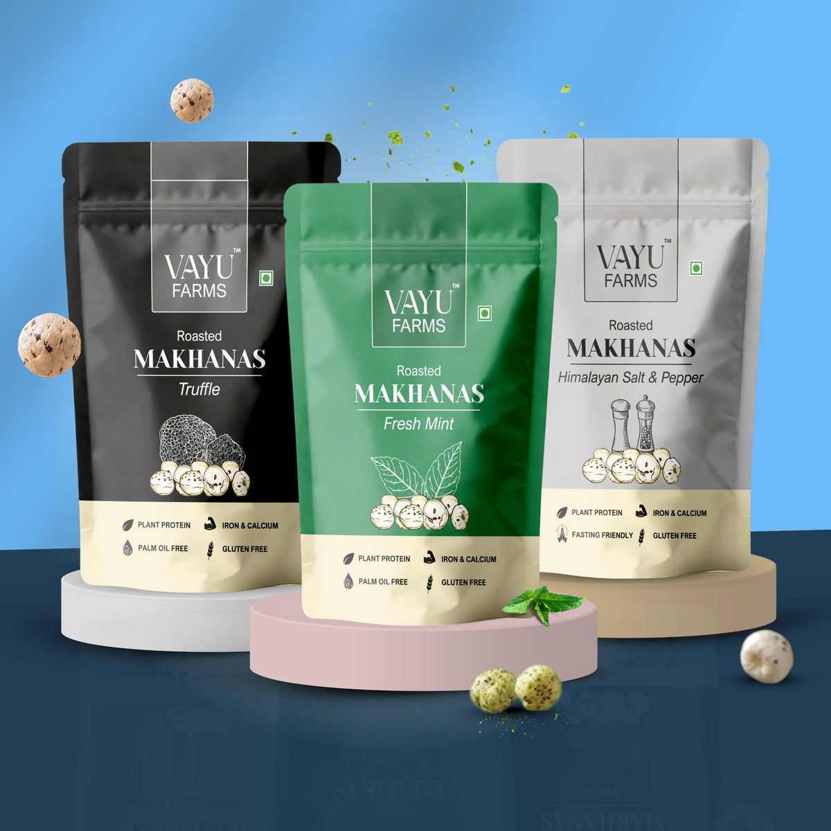 Three stand-up pouches of Vayu Farms Roasted Makhana in Truffle, Fresh Mint, and Himalayan Salt & Pepper flavours